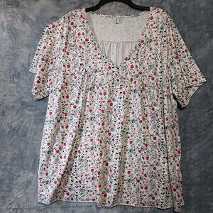 Flycurvy Shirt Women 3XL Floral Red Bird White